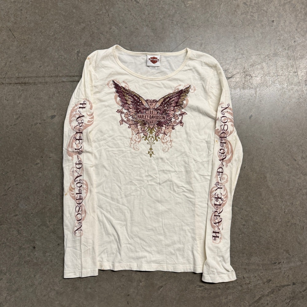 Harley-Davidson Women Cream Graphic Long Sleeve Rhinestone Winged Tee XL